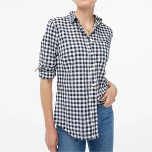 J. Crew Gingham Shirt Size XS Blue White Cotton Top Cottagecore Casual Old Money